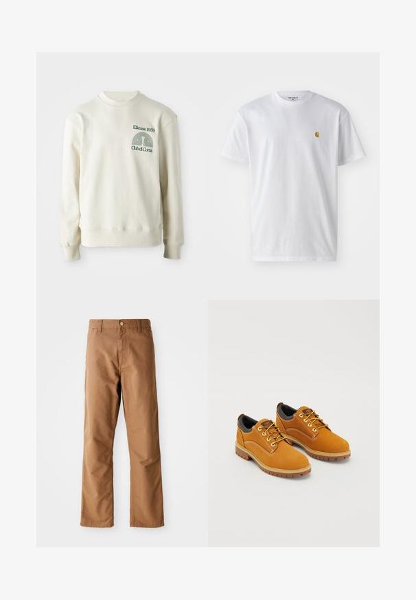 Cremefarvet sweatshirt med ribbet krave og manchetter; har en grøn broderet logo "Ellesse 1959" med designelementer på brystet.; Hvid bomulds t-shirt med korte ærmer, rund hals og et lille guld logo på venstre brystområde. Blød tekstur og almindelig pasform.; Brune lige ben bukser med bæltestropper, forlommer, knaplukning og lynlåsgylp på hvid baggrund.; Brune ruskindssko med rund tå, gule snørebånd, en polstret sort krave og gummisåler med skridsikre riller.