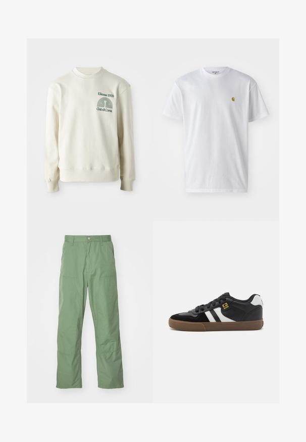 Cremfarbener Pullover mit geripptem Kragen und Bündchen; verfügt über ein grünes gesticktes Logo "Ellesse 1959" mit Designelementen auf der Brust.; Weißes Baumwoll-T-Shirt mit kurzen Ärmeln, Rundhalsausschnitt, mit einem kleinen goldenen Logo im linken Brustbereich. Weicher Stoff und normale Passform.; Hellgrüne, lässige Hose mit glatter Textur, ausgestattet mit Seitentaschen und sichtbaren Nähten. Vollständig lang mit geradem Bein.; Schwarz-weiße Sneakers mit einem Obermaterial aus Wildleder und Leder, ausgestattet mit weißen Streifen, schwarzen Schnürsenkeln und einer braunen Gummisohle. Mit goldenen Logo-Akzenten.