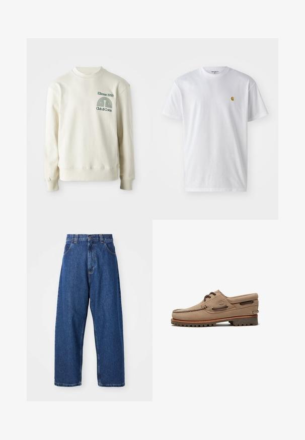 Cremefarvet sweatshirt med ribbet krave og manchetter; har en grøn broderet logo "Ellesse 1959" med designelementer på brystet.; Hvid bomulds t-shirt med korte ærmer, rund hals og et lille guld logo på venstre brystområde. Blød tekstur og almindelig pasform.; Denimwide-leg jeans i mørkeblå. Har høj talje, bæltestropper og klassisk fem-lommers design. Syet kant med en ren finish.; Beige ruskind bådsko med snørebånd, robust sål, lædersnører og polstret krave, der viser Timberland-logoet på siden.