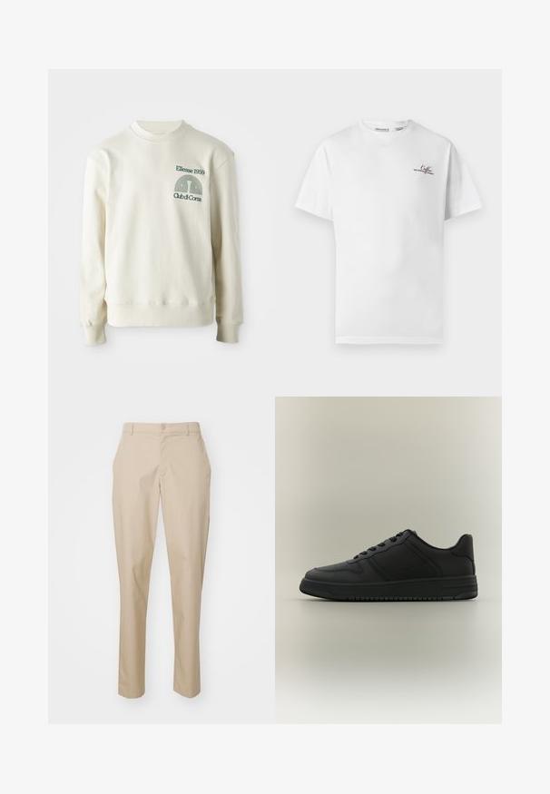Crème-kleurige sweatshirt met geribbelde kraag en manchetten; voorzien van groene geborduurde logo "Ellesse 1959" met ontwerpelementen op de borst.; Witte T-shirt met korte mouwen en kleine bruine tekst "Coffee MID CENTURY MODERN" op de linkerborst, ronde hals.; Beige op maat gemaakte broeken met een rechte pasvorm, knoopsluiting en platte taille. Gemaakt van een gladde stof zonder zichtbare patronen.; Zwarte lage sneaker met getextureerde panelen, vetersluiting en dikke zool op een neutrale grijze achtergrond.