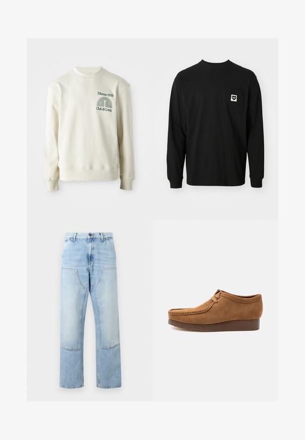 Cremfarbener Pullover mit geripptem Kragen und Bündchen; verfügt über ein grünes gesticktes Logo "Ellesse 1959" mit Designelementen auf der Brust.; Schwarzes Langarm-T-Shirt aus Baumwolle mit Rundhalsausschnitt und einer Brusttasche, die ein Herzlogo und einen Text zeigt.; Hellblaue Denim-Jeans mit hoher Taille, großen vorderen Pattentaschen, Knopfleiste und geraden, weitem Bein.; Brauner Wildleder-Mokassin-Schuh mit dicken, dunklen Sohlen, Seitenansicht vor einfachem hellem Hintergrund.