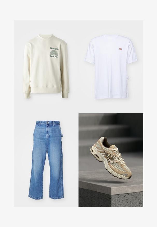 Cremefarvet sweatshirt med ribbet krave og manchetter; har en grøn broderet logo "Ellesse 1959" med designelementer på brystet.; Hvid bomulds t-shirt med v-hals og korte ærmer. Har et lille farverigt broderet logo på venstre bryst. Blød tekstur.; Lyseblå denim cargo bukser med en afslappet pasform, flere sidelommer og et bredt ben-design. Har en knap- og lynlåslukning.; Beige og hvid Nike løbesko med mesh paneler og sort swoosh, der svæver over en betonkant med slørede trapper i baggrunden.