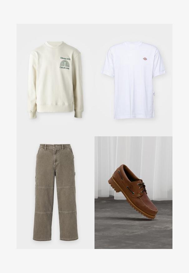 Cremefarvet sweatshirt med ribbet krave og manchetter; har en grøn broderet logo "Ellesse 1959" med designelementer på brystet.; Hvid bomulds t-shirt med v-hals og korte ærmer. Har et lille farverigt broderet logo på venstre bryst. Blød tekstur.; Bomulds cargobukser i dæmpet olivengrøn med brede ben, dobbelt-syede detaljer og sidelommer, med knaplukning og bæltestropper.; Brun læder bådsko med sorte snørebånd, beige syninger og en robust sål, hængende over en grå betongulv.