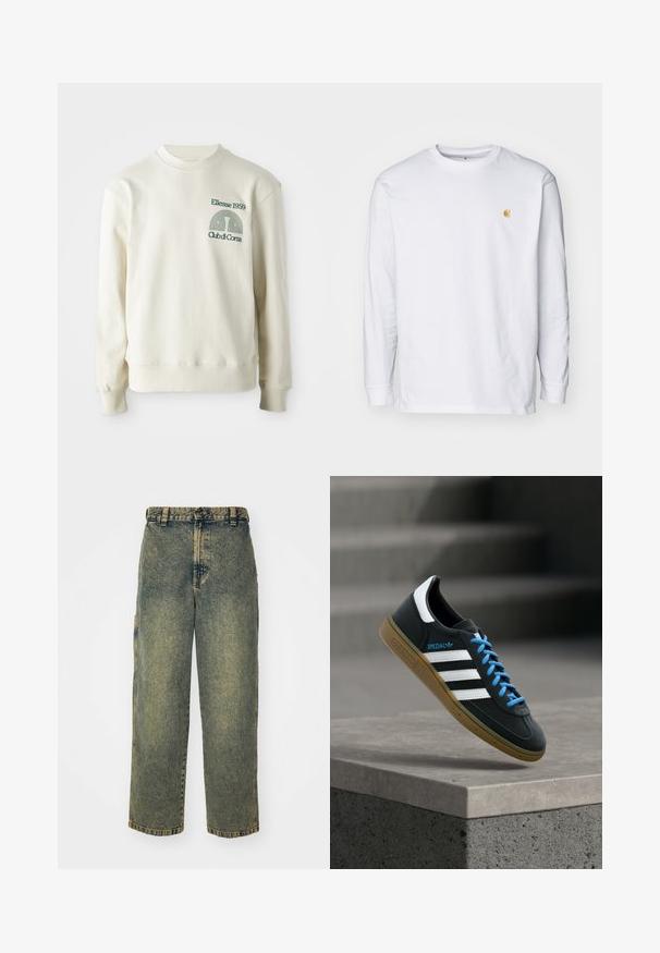 Cremefarvet sweatshirt med ribbet krave og manchetter; har en grøn broderet logo "Ellesse 1959" med designelementer på brystet.; Hvid langærmet t-shirt lavet af bomuld. Har et lille gyldent logo på brystet og en rund halsudskæring. Enkel design og standard pasform.; Slidse denim jeans i en falmet blå og grøn vask. Har en knaplukning, bælteløkker og sidelommer. Flad front og lige ben-design.; Sort Adidas sneaker med hvide striber, blå snørebånd og gummisål, der svæver over gråt betontrin i blødt lys.