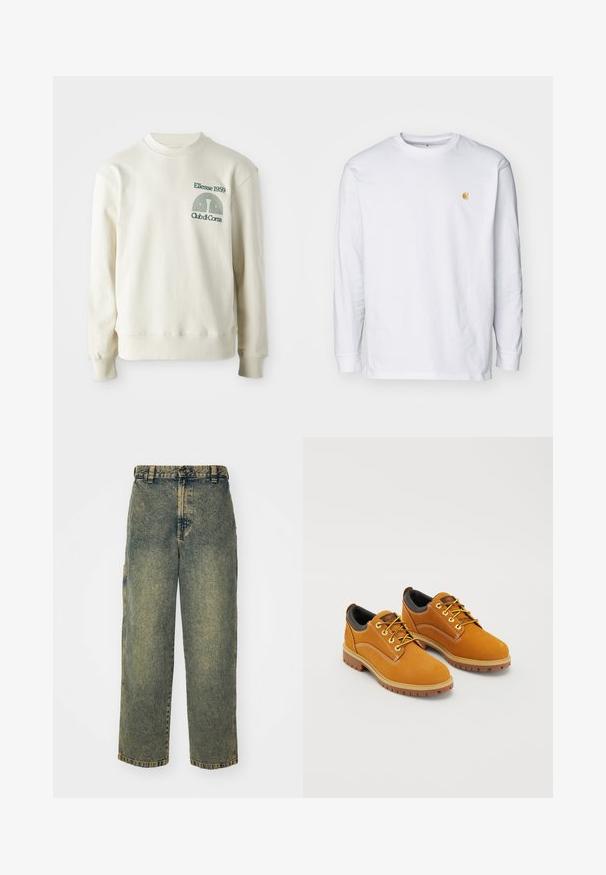 Crème-kleurige sweatshirt met geribbelde kraag en manchetten; voorzien van groene geborduurde logo "Ellesse 1959" met ontwerpelementen op de borst.; Witte lange mouwen t-shirt van katoen. Voorzien van een klein gouden logo op de borst en een ronde hals. Eenvoudig ontwerp en standaard pasvorm.; Baggy denim jeans in een vervaagde blauwe en groene was. Heeft een knoopsluiting, riemlussen en zijzakken. Vlakke voorkant en rechte pijpen.; Bruine suède schoenen met een ronde neus, gele veters, een gewatteerde zwarte kraag en rubberen zolen met gripgroeven.