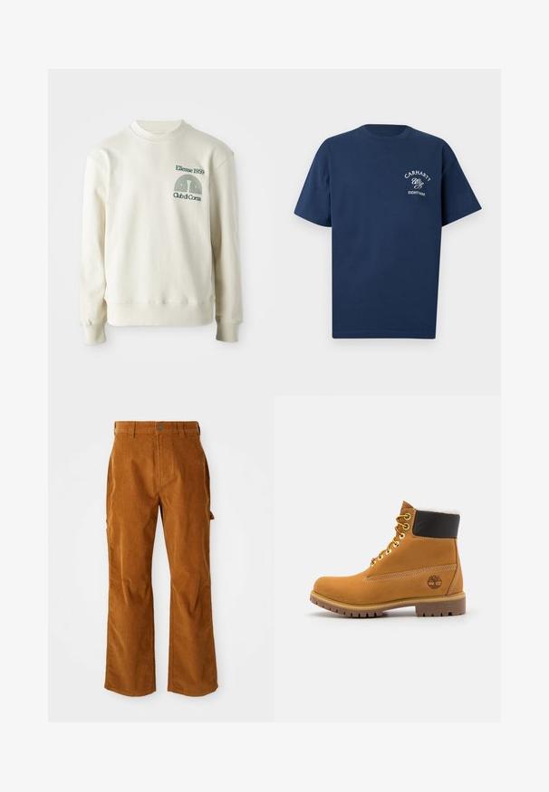 Cremefarvet sweatshirt med ribbet krave og manchetter; har en grøn broderet logo "Ellesse 1959" med designelementer på brystet.; Navyblå T-shirt med korte ærmer og lille hvidt tekstlogo "Carhartt Wip Eightynine" på venstre bryst.; Brune kordfløjlsbukser med en udvidet benstruktur, med sidelommer og en frontknaplukning. Teksturen er blød og ribbet.; Brune læder ankelstøvle med metaløjer, hvid pelsforing, sort polstret krave, robust sål og præget logo på siden.