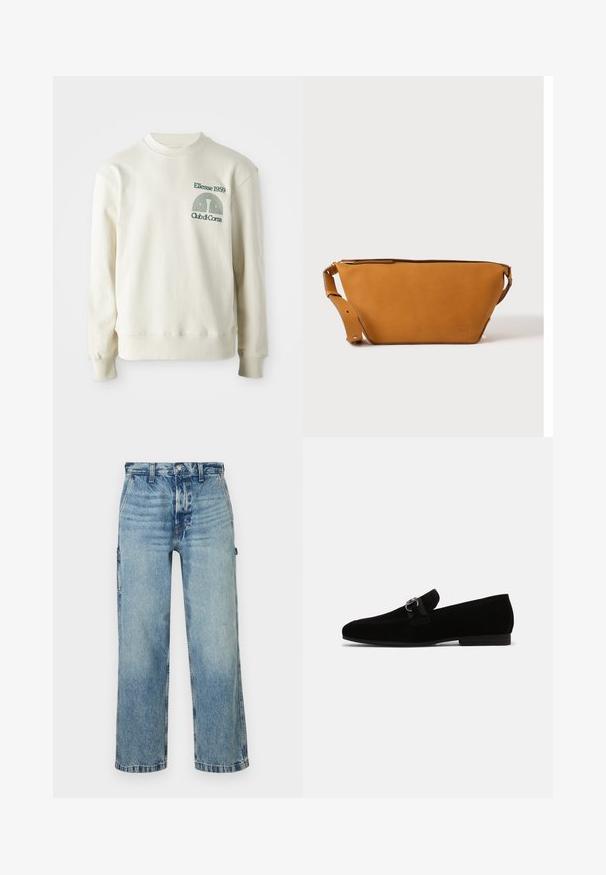Crème-kleurige sweatshirt met geribbelde kraag en manchetten; voorzien van groene geborduurde logo "Ellesse 1959" met ontwerpelementen op de borst.; Lichtblauwe denim jeans met een relaxte pasvorm, rechte pijpen, vervaagde textuur en vijf zakken. Heeft een tailleband met riemlussen en stikselaccenten.; Zwarte suède instappers met een lage hak, voorzien van een stoffen band en een decoratieve zilveren gesp. Glad materiaal, ontwerp met spitse neus.; Lichtbruine leren crossbodytas met verstelbare band en ritssluiting, getoond tegen een effen lichte achtergrond.