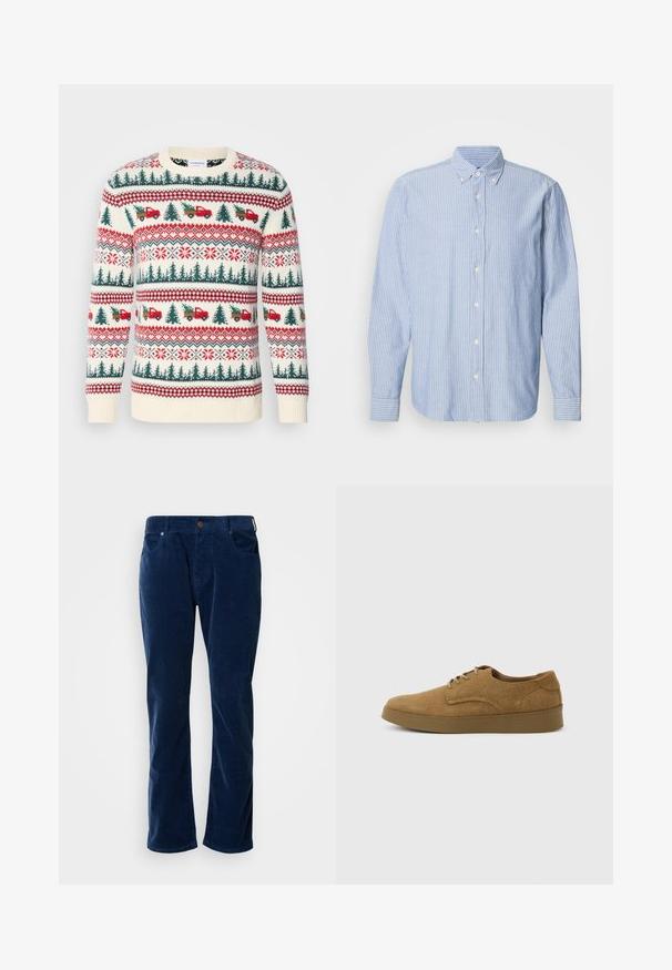 Suéter de punto con base en crema, patrones rojos y verdes de árboles, camiones y copos de nieve, con puños y dobladillo acanalados.; Camisa de botones en azul claro con rayas blancas, que presenta un cuello clásico y mangas largas. Confeccionada en tejido tejido con una textura suave.; Scotch & Soda THE ZEE STRAIGHT - Pantalones - insignia blue; Zapato casual marrón de ante con cordones y suela de goma plana, visto de lado sobre un fondo claro y liso.