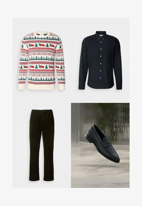 Strikket sweater med en cremet base, røde og grønne mønstre af træer, lastbiler og snefnug, med ribkanter ved ærmerne og kanten.; Sort langærmet skjorte med knapper i bomuld, med spids krave, hvide knapper og en lige kant med knappede manchetter.; Mørkegrønne kordfløjlsbukser med lige ben, der har forkert folder, knaplukning og en blød tekstureret overflade.; Sort læderloafer med glat finish, spids tå og sømdetaljer over vristen. Lav hæl og minimalistisk design.