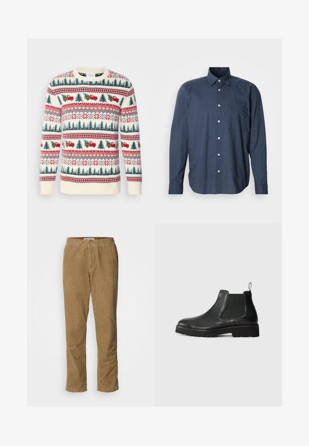Suéter de punto con base en crema, patrones rojos y verdes de árboles, camiones y copos de nieve, con puños y dobladillo acanalados.; Camisa abotonada azul marino con mangas largas, pequeño patrón de cuadros, un bolsillo en el pecho y botones blancos sobre un fondo liso.; Pantalones de pana marrones con un diseño de pierna recta, cierre de botón y textura de nervios verticales visibles. Cintura elástica para mayor comodidad.; Bota chelsea de cuero negro con panel lateral elástico, puntera redondeada, suela texturizada y pequeña lengüeta en el talón.
