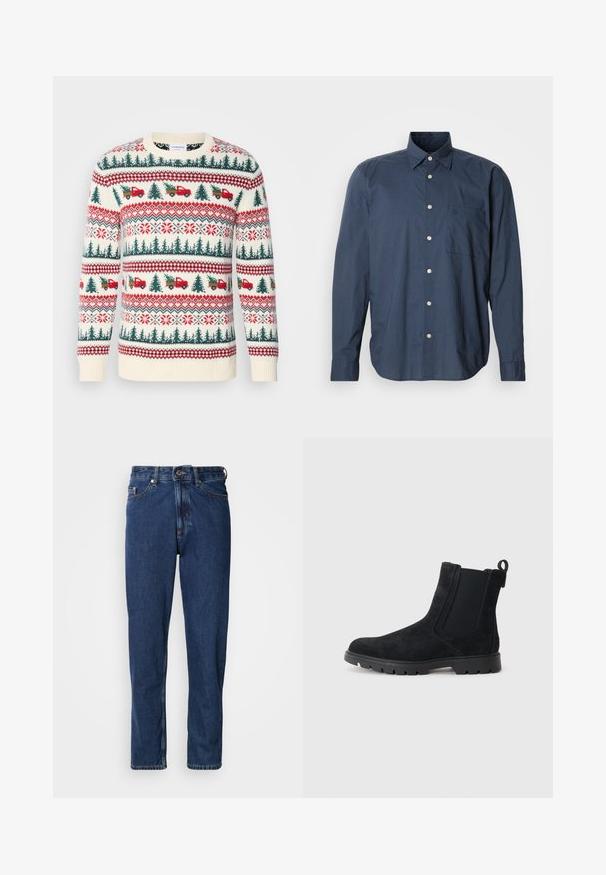 Strikket sweater med en cremet base, røde og grønne mønstre af træer, lastbiler og snefnug, med ribkanter ved ærmerne og kanten.; Mørkeblå skjorte med lange ærmer, lille ternet mønster, enkelt brystlomme og hvide knapper på en ensfarvet baggrund.; Mørkeblå jeans lavet af denim, med lige ben, fem-lommer stil og synlige syninger langs sømmene.; Sort ruskind chelsea-støvle med et struktureret overmateriale, elastiske sidepaneler, en trækkestrop og en robust gummisål for godt greb.