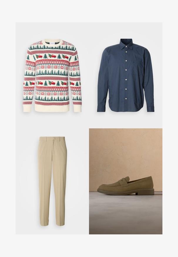 Pull en tricot avec une base crème, motifs rouges et verts d'arbres, de camions et de flocons de neige, avec des poignets et un ourlet côtelés.; Chemise bleu marine à manches longues, à motif à petits carreaux, avec une poche poitrine unique et des boutons blancs sur fond uni.; Pantalon beige à jambes droites, confectionné dans un tissu lisse, avec un devant plat et sans poches ni ornements visibles.; Mocassin en daim marron flottant au-dessus d'un tapis beige texturé dans un salon avec une table basse en bois et des livres empilés.