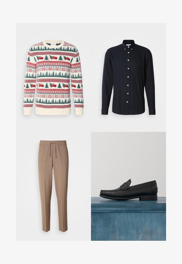 Strikket sweater med en cremet base, røde og grønne mønstre af træer, lastbiler og snefnug, med ribkanter ved ærmerne og kanten.; Mørk marineblå langærmet skjorte med knapkrave, frontknaplukning og lysfarvede knapper. Glat stof med en moderne pasform.; Brune, vævede bukser med en afslappet pasform, snøre i taljen og frontfald. Lige ben og ingen synlige lommer eller metaldele.; Sorte læderloafers med rund tå, detaljeret syning og en lav, firkantet hæl. Glat tekstur og minimalistisk design.