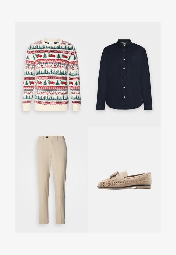 Strikket sweater med en cremet base, røde og grønne mønstre af træer, lastbiler og snefnug, med ribkanter ved ærmerne og kanten.; Herre langærmet mørkeblå skjorte med knapper og krave samt hvide knapper, vist på en lysegrå baggrund.; Beige skræddersyede bukser med en glat stof, lige snit, forlommer, en enkelt baglomme og knaplukning.; Beige ruskindslipper med vævet detaljer på siden, dusk på toppen, flad sål og lav hæl, vist i profil på hvid baggrund.