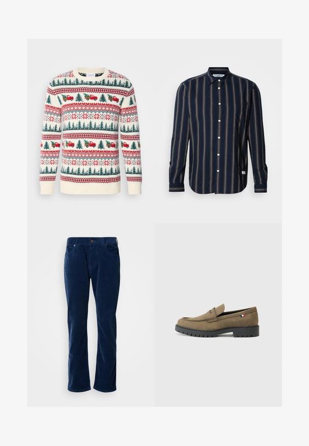 Strikket sweater med en cremet base, røde og grønne mønstre af træer, lastbiler og snefnug, med ribkanter ved ærmerne og kanten.; Langærmet, mørkeblå skjorte med knapper og lodrette striber i rød, grøn og creme. Har en brystlomme og almindelig krave. Fremstillet i bomuld.; Scotch & Soda THE ZEE STRAIGHT - Bukser - insignia blue; Brune ruskind loafers med rund tå, sort gummi sål og dekorativ syning. Har en lille rød, hvid og blå flagdetalje.