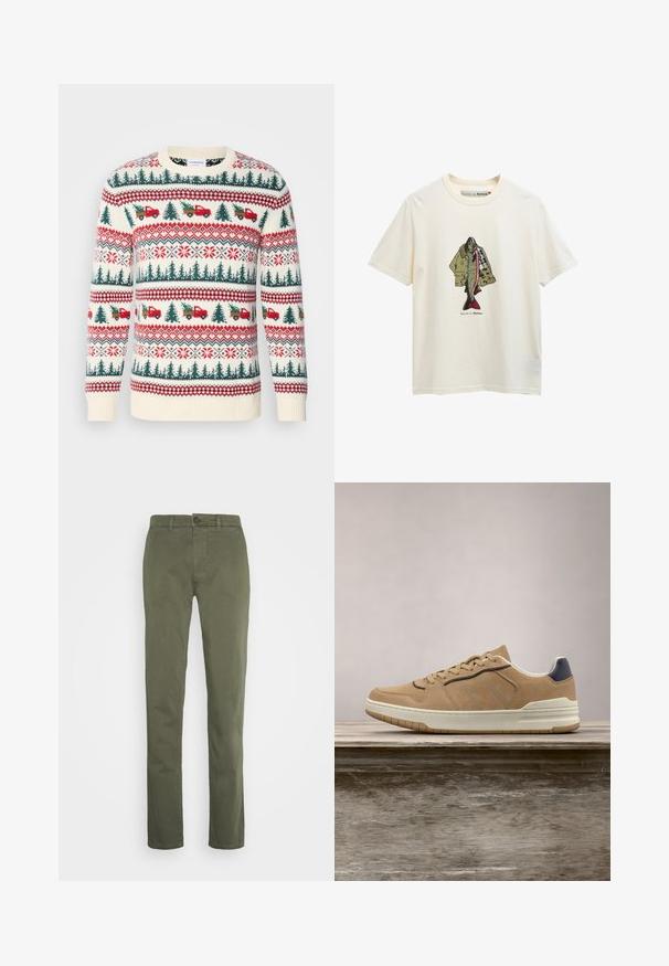 Gehaakte trui met een crèmekleurige basis, rode en groene patronen van bomen, vrachtwagens en sneeuwvlokken, met ribgebreide manchetten en zoom.; Crème-kleurig T-shirt met korte mouwen en een afbeelding van een vis die een groene jas draagt, met gedetailleerde schubben en een gestructureerd jasontwerp.; Olijfgroene katoenen broeken met een rechte pijp, voorzien van een ritssluiting, knoopsluiting en voorkruiszakken. Gladde textuur, geen patronen.; Beige suède sneaker met een witte rubberen zool, voorzien van beige veters, marineblauwe accenten en geperforeerde details op de toe box.