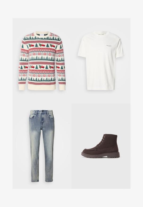 Strickpullover mit einer cremefarbenen Basis, roten und grünen Mustern von Bäumen, Lastwagen und Schneeflocken, mit gerippten Bündchen und Saum.; Baumwoll-T-Shirt mit Rundhalsausschnitt in Off-White, mit kurzen Ärmeln. Besitzt ein kleines graues Logo auf der Brust. Glatte Textur und klassischer Schnitt.; Helltönte Jeans aus Denim mit geradem Bein, Fünf-Taschen-Design, Knopfverschluss und dezenten Used-Effekten nahe den Knien.; Braune Wildleder-Ankelstiefel mit Schnürdesign, ausgestattet mit Metallösen, einer Gummisohle mit Profil und einer verstärkten Zehenkappe.