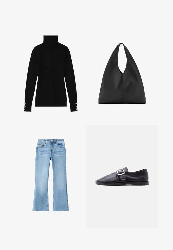 Sort turtleneck sweater med ribbet tekstur. Har tætsiddende lange ærmer med tre sølvknapper ved hver manchet.; Lyseblå denimjeans med høj talje, forreste knap, lynlås, lommer og let udvidede bukseben.; Sort læder flad sko med spids tå og sølv spænde rem på siden, vist mod en ensfarvet lys baggrund.; Sort skuldertaske i læder med stort, blødt design og et dybt, aflangt udskåret håndtag for nem bæring. Glat tekstur, minimalistisk stil.