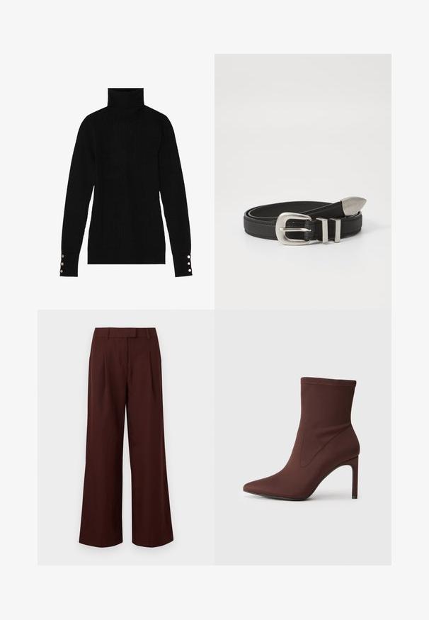 Sort turtleneck sweater med ribbet tekstur. Har tætsiddende lange ærmer med tre sølvknapper ved hver manchet.; Bukser med vide ben og høj talje i mørkebrun med bæltestropper og forreste læg, vist på en ensfarvet hvid baggrund.; Brun strækstof ankelstøvle med spids tå og 10 cm stilethæl. Sømdetaljer langs siderne, glat tekstur og ingen synlige lukninger.; Sort læderbælte med en sølvfarvet metalspænde og dobbelt løkke detaljer, der har en tekstureret overflade og en spids ende for en sikker pasform.