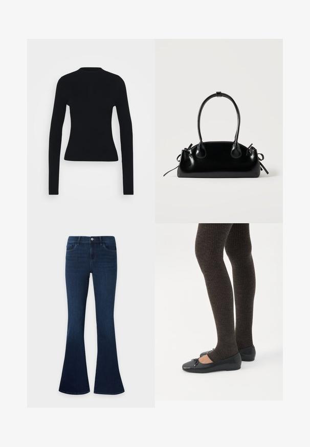 Sort ribbet langærmet top med en tætsiddende silhuet, høj halsudskæring og glat tekstur, med smalle ærmer og ingen synlig hardware.; Mørkeblå denimjeans med høj talje og flared ben, med forlommer, bæltestropper og knaplukning.; Ben iført mørke ribbede leggings kombineret med sorte balletsko med små sløjfedetaljer på hvid baggrund.; Lille sort blank håndtaske med to lange håndtag og snøre-detaljer i siden på en ensfarvet lys baggrund.