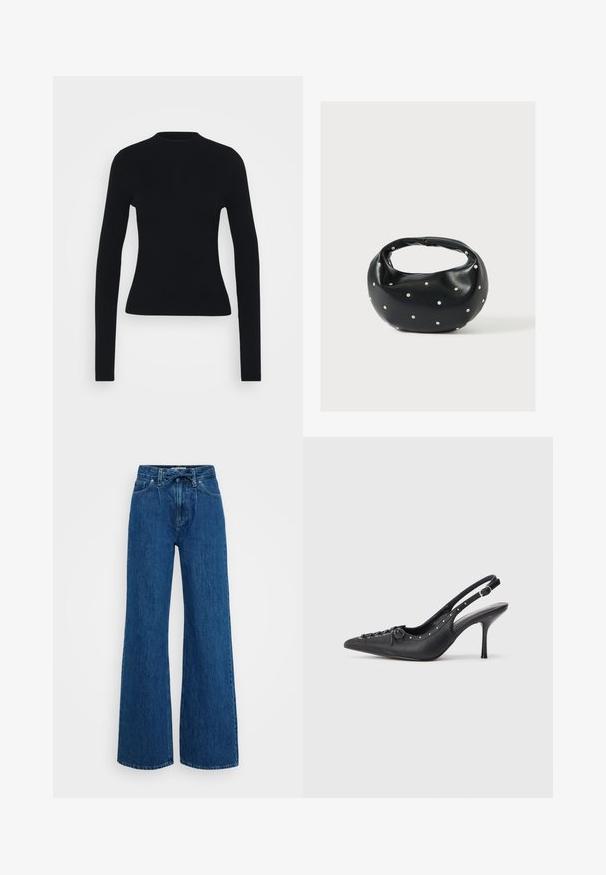 Haut noir à manches longues côtelé avec une silhouette ajustée, un col montant et une texture lisse, présentant des manches étroites et sans matériel visible.; Jean en denim bleu taille haute avec jambes larges, poches avant, passants de ceinture et une ceinture en tissu nouée à la taille sur un fond uni.; Escarpin en cuir noir à talon aiguille avec un bout pointu, une bride latérale à boucle, des clous le long du bord et un laçage décoratif à l'avant.; Sac à main en cuir noir de forme arrondie, décoré de clous argentés et équipé d'une poignée courte. Texture lisse et fermeture éclair.