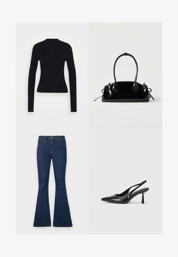 Haut noir à manches longues côtelé avec une silhouette ajustée, un col montant et une texture lisse, présentant des manches étroites et sans matériel visible.; Jean en denim bleu foncé avec une taille ajustée et des jambes évasées, doté de poches avant et de surpiqûres contrastées visibles.; Chaussure à talon haut en cuir noir, à bride arrière, avec un bout pointu et un talon fin sur fond blanc.; Petit sac à main noir brillant avec deux longues anses et des détails à cordon sur les côtés sur un fond clair uni.