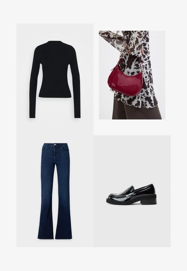 Sort ribbet langærmet top med en tætsiddende silhuet, høj halsudskæring og glat tekstur, med smalle ærmer og ingen synlig hardware.; Mørkeblå denimjeans med flared ben, forlommer og knaplukning ved taljen.; Sorte patenterede lædersko med rund tå, lav blokhæl og en glat, blank finish. Har en dekorativ rem over forsiden.; Kvinde iført en sort- og hvidmønstret bluse, der holder en blank rød skuldertaske mod en ensfarvet baggrund.