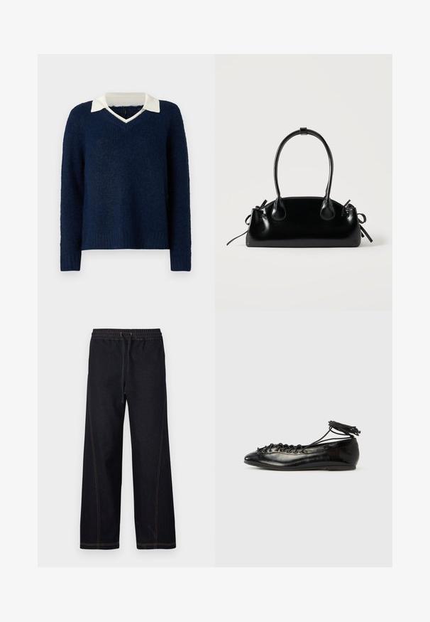 Pull bleu marine avec une finition texturée, col en V et un col blanc contrastant. Il possède des manches longues et une coupe décontractée.; Pantalon en denim foncé à jambes larges, doté d'une taille élastique avec cordon de serrage, de coutures orange contrastantes et de lignes droites et épurées.; Ballerines en cuir verni noir avec un bout rond, un design à lacets et une semelle plate. Texture lisse avec peu de détails.; Petit sac à main noir brillant avec deux longues anses et des détails à cordon sur les côtés sur un fond clair uni.