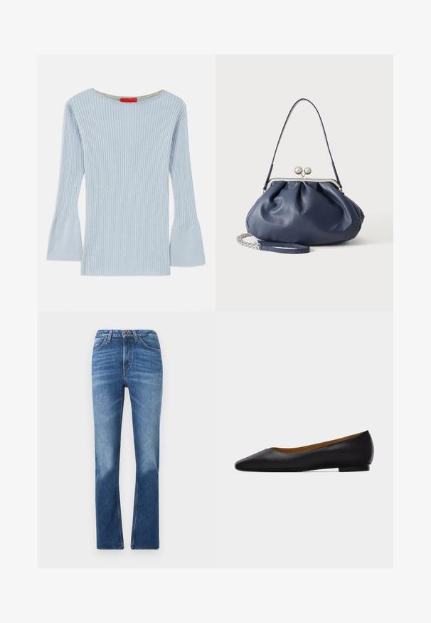 Top en tricot côtelé bleu clair avec un décolleté bateau et des manches évasées. Présente une texture subtile et un accent intérieur jaune au niveau du col.; Jean en denim bleu à jambes droites avec fermeture par bouton et fermeture éclair, poches avant, et légère décoloration sur les cuisses et les genoux.; Chaussure plate en cuir noir à bout pointu avec talon bas et finition lisse, vue de côté sur un fond gris clair.; Sac à main en cuir bleu marine doux avec fermeture à boucle argentée, une seule bandoulière, et une chaîne de poignet amovible sur fond blanc.