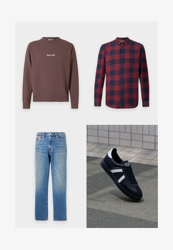 Brun sweatshirt med rund hals, ribbet kant og manchetter. Har hvid broderet tekst "Original Studio" på brystet. Blød blanding af bomuld.; Rød og marineblå plaid langærmet skjorte med nedfoldet krave og mørke knapper. Lavet af letvægtsstof med en glat tekstur.; Lys blå denimjeans med lige snit, med høj talje, subtilt slid og syninger på lommer og talje.; Sort lædersneaker med hvide striber, tekstureret gummisål og snørrebånd foran. Har et brandet mærke på tungen.