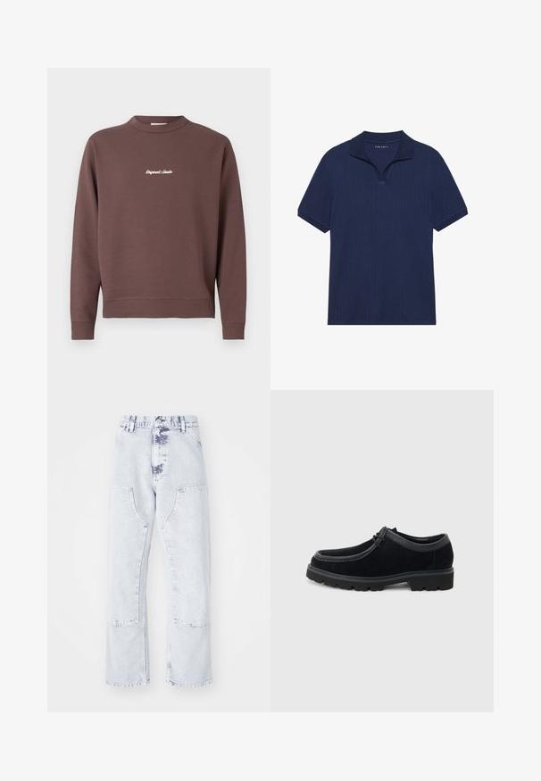 Brun sweatshirt med rund hals, ribbet kant og manchetter. Har hvid broderet tekst "Original Studio" på brystet. Blød blanding af bomuld.; Marineblå polo shirt med ribbet tekstur, korte ærmer og en klassisk krave med en udskæring. Stoffet ser blødt og åndbart ud.; Lys blå denim straight-leg jeans med patchlommer, høj talje og en falmet overflade. Har tonede syninger og en afslappet pasform.; Sort snøresko i ruskind med tyk gummisål og rund tå, vist fra siden på en lys grå baggrund.