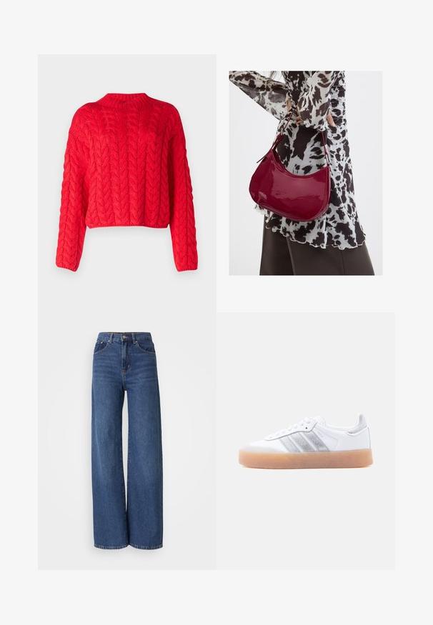 Pull rouge en tricot torsadé avec un col haut, des manches longues et un ourlet court. Texture épaisse avec des motifs en relief entrelacés partout.; Jean taille haute, à jambes larges en denim bleu foncé. Comprend cinq poches, des passants de ceinture et une texture délavée avec des coutures contrastantes.; Baskets basses blanches avec semelle gomme, accents argentés rayés sur le côté, et fermeture à lacets, présentées sur un fond clair uni.; Femme portant un chemisier à motif noir et blanc tenant un sac à main rouge brillant sur un fond uni.