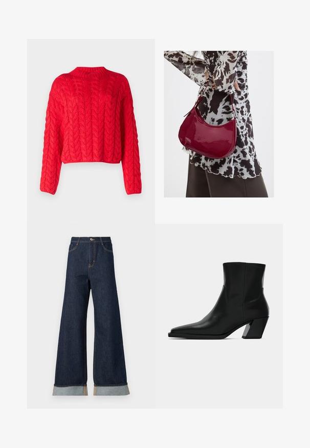 Rød kabelstrikket sweater med høj hals, lange ærmer og cropped kant. Tyk tekstur med hævede, sammenflettede mønstre overalt.; Bredde ben mørk denim jeans med orange syninger, med høj talje, to forlommer og opbrettede manchetter, der viser et lysblåt kontraststof.; Sortlæder ankelstøvle med spids tå, en slank silhuet og en kraftig firkantet hæl. Glat tekstur med minimale stikninger.; Kvinde iført en sort- og hvidmønstret bluse, der holder en blank rød skuldertaske mod en ensfarvet baggrund.