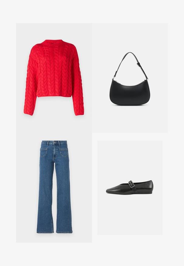 Rød kabelstrikket sweater med høj hals, lange ærmer og cropped kant. Tyk tekstur med hævede, sammenflettede mønstre overalt.; Blå denim brede ben jeans med høj talje, fem lommer, frontknaplukning og en let falmet finish. Syede kanter og sømme er synlige.; Sorte læder flade sko med spidse tæer, prydet med en metallisk spænde over vristen og en lav, fleksibel sål.; Pieces PCALUANA SHOULDER BAG - Håndtasker - black