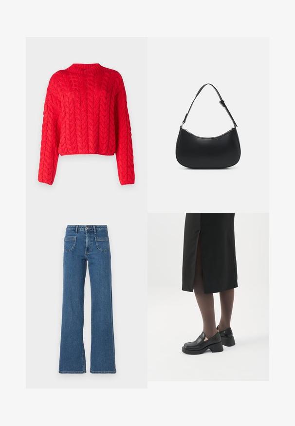 Pull rouge en tricot torsadé avec un col haut, des manches longues et un ourlet court. Texture épaisse avec des motifs en relief entrelacés partout.; Jeans en denim bleu à jambes larges avec une taille haute, cinq poches, fermeture à boutons à l'avant et une finition légèrement délavée. Les ourlets et coutures cousus sont visibles.; Femme portant des mocassins noirs à talons épais, des collants noirs transparents et une jupe noire fendue à l'arrière sur fond blanc.; Pieces PCALUANA SHOULDER BAG - Sac à main - black