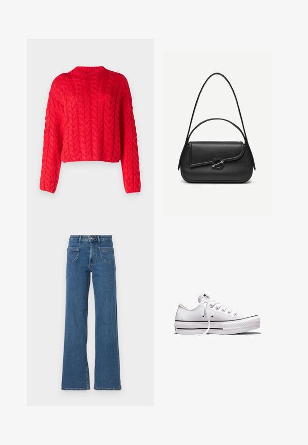 Rode kabelgebreide trui met een hoge halslijn, lange mouwen en een cropped zoom. Dikke textuur met verhoogde, in elkaar grijzende patronen overal.; Blauwe denim wijde jeans met een hoge taille, vijf zakken, sluiting met een knop aan de voorkant en een licht vervaagde afwerking. Gestikte zomen en naden zijn zichtbaar.; Wit lage canvas sneaker met witte veters, rubberen zool, zwarte streepdetails en logopatch op de tong en hiel.; Zwarte leren handtas met afgeronde hoeken, asymmetrische klep, metalen ronde sluiting en zowel korte als lange schouderriemen.