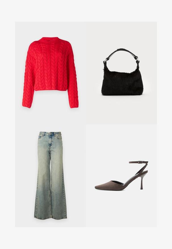 Rød kabelstrikket sweater med høj hals, lange ærmer og cropped kant. Tyk tekstur med hævede, sammenflettede mønstre overalt.; Lyseblå vide jeans lavet af denim, med høj talje, bleget vask og sidelommer med synlige stikninger.; Brun ruskindspointetrukket højhælet sko med tynd ankelrem og sølvspænde på hvid baggrund.; Sort faux fur håndtaske med en blød tekstur, rund form og en robust skulderrem i sort læder. Synlige sølvhardware-detaljer.
