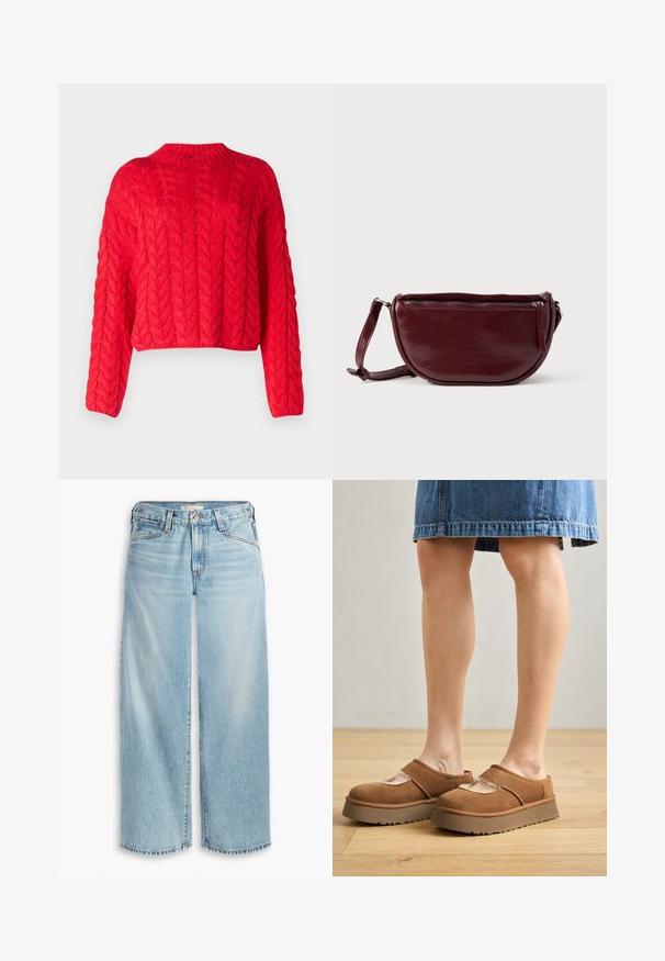 Rød kabelstrikket sweater med høj hals, lange ærmer og cropped kant. Tyk tekstur med hævede, sammenflettede mønstre overalt.; Lys blå brede jeans lavet af denim, med høj talje, knaplukning og frynsede kanter. Synlig syning og lommer.; Brune ruskindsplatformsko med en rund tå, udskæringer og en solid sål, ledsaget af en denimnederdel i en indstilling med trægulv.; Vinrød læderhåndtaske med halvmåneform, lynlås og aftagelig rem. Glat tekstur med en subtil glans.