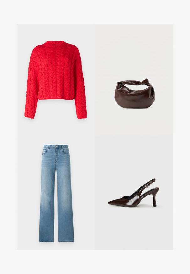 Rode kabelgebreide trui met een hoge halslijn, lange mouwen en een cropped zoom. Dikke textuur met verhoogde, in elkaar grijzende patronen overal.; Lichtblauwe high-waisted jeans met een rechte pasvorm. Gemaakt van denim, met vijf zakken en een knoopsluiting.; Bruine gepatineerde leren slingback pumps met een spitse neus, een dunne hak en een verstelbaar bandje met een kleine gesp.; Donkerbruine leren schoudertas met een zachte, slungelige vorm en een gedraaide knoopvormige handgreep op een effen witte achtergrond.