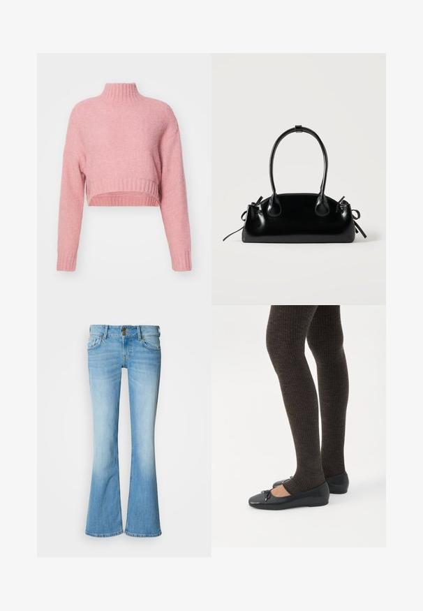 Aware VMMARS HIGH NECK CROPPED - Pullover - desert sand; Jean en denim clair à coupe évasée avec taille haute, doté d'une fermeture classique à boutons, de cinq poches et d'un effet délavé pour un dégradé.; Jambes portant des leggings côtelés foncés associés à des ballerines noires avec de petits détails en nœud sur fond blanc.; Petit sac à main noir brillant avec deux longues anses et des détails à cordon sur les côtés sur un fond clair uni.