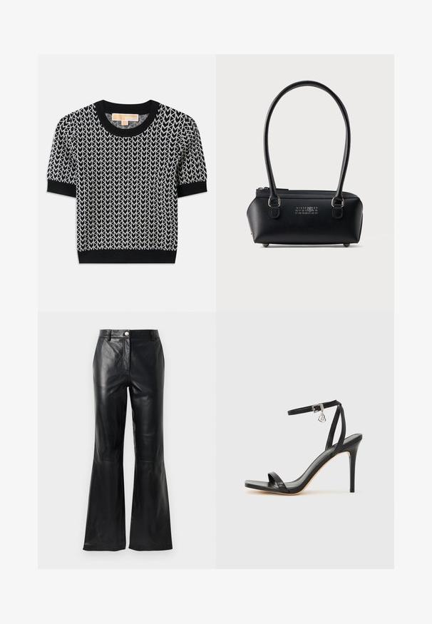 Pull noir à manches courtes avec un motif de flèche tissé en blanc. Col et poignets côtelés, coupe ajustée et texture douce.; Pantalons en faux cuir noir avec taille haute, fermeture à boutons, passants de ceinture et jambes évasées sur fond blanc.; Sandale à talon haut noire avec une bride étroite à la cheville, bout carré, cuir lisse et accent de boucle métallique.; Sac à main rectangulaire noir en cuir avec doubles poignées arrondies, fermeture éclair sur le dessus et logo numérique blanc centré à l'avant.