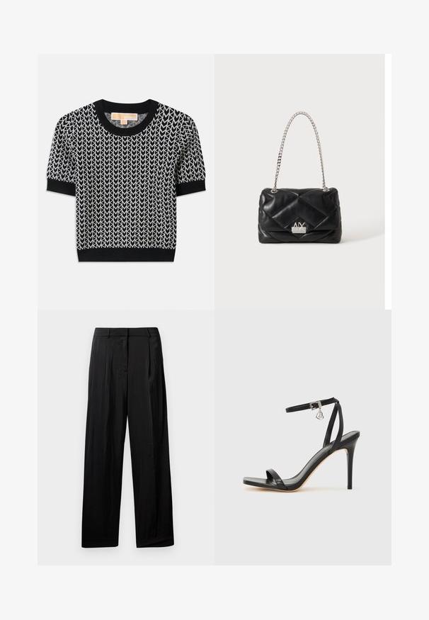 Suéter negro de manga corta con un patrón de flechas tejido en blanco. Cuello y puños acanalados, con una forma ajustada y textura suave.; Pantalones negros de pierna ancha con una textura de tela suave, que cuentan con pliegues frontales, trabillas para el cinturón y una cremallera en la bragueta.; Sandalia de tacón alto negra con una estrecha correa en el tobillo, punta cuadrada, material de cuero liso y detalle de hebilla metálica.; Bolso de mano negro acolchado de cuero con correa de cadena plateada y logo plateado de Armani Exchange en la solapa frontal.