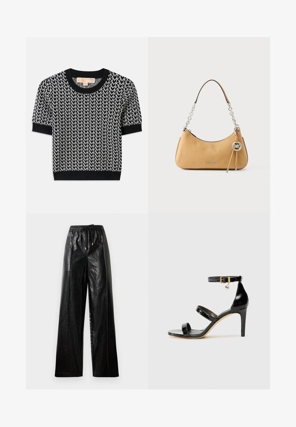 Pull noir à manches courtes avec un motif de flèche tissé en blanc. Col et poignets côtelés, coupe ajustée et texture douce.; Pantalon large en cuir noir avec une taille élastique, un cordon de serrage et des accents en matériel doré. Texture lisse et coupe décontractée.; Sandale en cuir verni noir avec trois brides, boucle de cheville et talon aiguille de 10 cm. Présente un détail en métal doré et un charm logo.; Sac à main Michael Kors en cuir marron clair avec poignée chaîne argentée, breloque logo, et inscription "MICHAEL KORS" sur le devant.