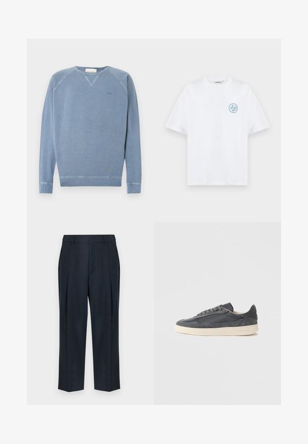 Sweat-shirt à col rond bleu clair avec manches longues, poignets et ourlet côtelés, logo "CLOSED" discret sur le côté gauche de la poitrine.; T-shirt blanc en coton à manches courtes avec col rond et petit logo circulaire bleu clair sur la poitrine gauche.; Pantalon bleu marine sur mesure avec passants de ceinture, plis avant, poches latérales et coupe droite sur fond blanc.; Baskets gris foncé en cuir et daim avec une conception basse, dotées d'une semelle en caoutchouc de couleur crème et de lacets plats.