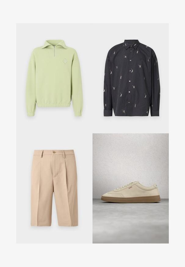 Sweatshirt vert clair avec un col zippé à mi-hauteur, texture côtelée, taille élastique et un logo en forme de diamant sur la poitrine.; Chemise à rayures noires avec boutons, ornée de petites figures athlétiques blanches en différentes poses, confectionnée en tissu lisse avec col et poignets structurés.; Short beige sur mesure longueur genoux avec passants de ceinture, bouton devant, braguette à fermeture éclair et plis devant sur fond gris clair.; Baskets en daim beige clair avec une semelle en caoutchouc gomme, des lacets prononcés et des détails de couture subtils. Design épuré avec une esthétique minimaliste.