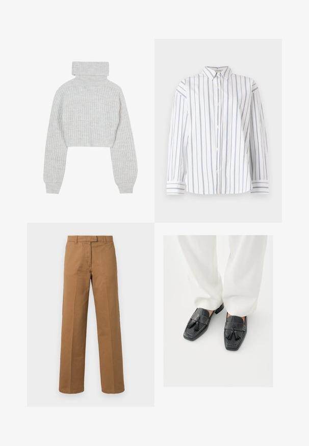 Suéter de punto gris claro, recortado, con cuello alto tipo tortuga, mangas anchas y un patrón ribeteado texturizado. Material suave con un ajuste ligeramente holgado.; Camisa blanca de algodón con botón, con rayas verticales en náutica, cuello clásico y mangas largas con puños a rayas. Textura suave.; Pantalones rectos marrones con pasadores para cinturón, cremallera frontal y pliegue en el centro de cada pierna sobre un fondo blanco.; Mocasines negros de cuero con borlas, con punteras cuadradas y costuras decorativas, combinados con pantalones blancos de pierna ancha.