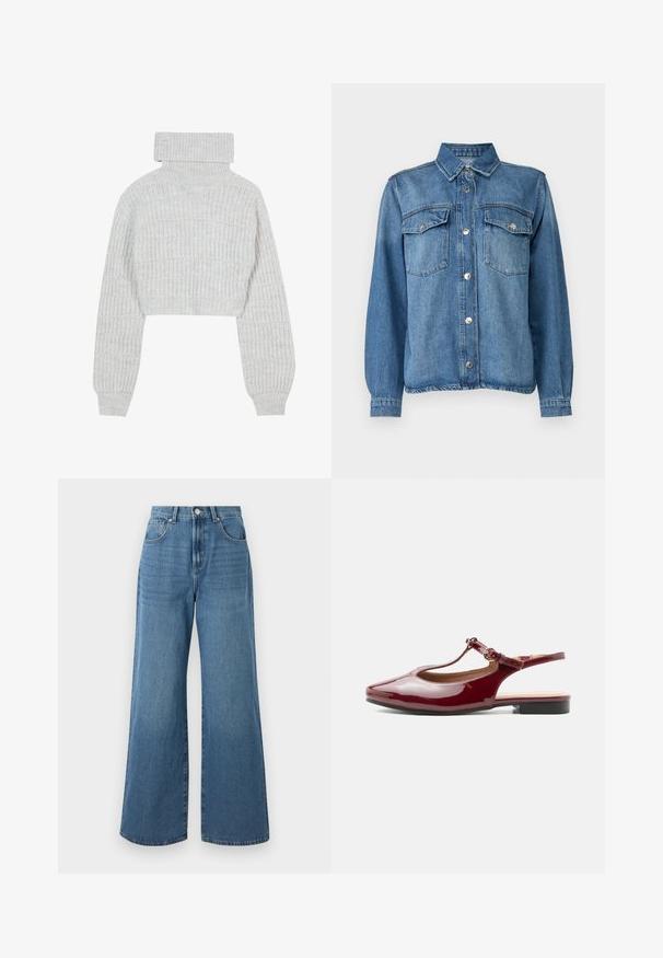 Suéter de punto gris claro, recortado, con cuello alto tipo tortuga, mangas anchas y un patrón ribeteado texturizado. Material suave con un ajuste ligeramente holgado.; Chaqueta de mezclilla de color azul claro con cierre frontal de botones, dos bolsillos en el pecho, cuello de punta y mangas largas con puños abotonados.; Vaqueros de denim azul de pierna ancha con una cintura alta, que cuentan con bolsillos traseros y delanteros, además de un cierre de botón en la cintura. Textura suave.; Zapato slingback de tacón bajo y brillo en burdeos con tira en T, punta puntiaguda y hebilla ajustable sobre un fondo blanco liso.