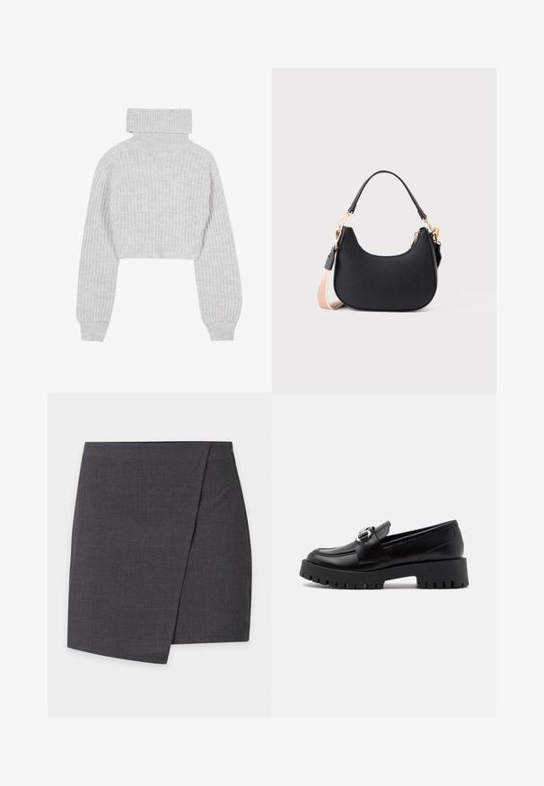 Lys grå, cropped striktrøje med høj turtleneck, brede ærmer og struktureret ribbet mønster. Blødt materiale med en lidt løs pasform.; Mørkegrå mininederdel i wrap-stil med rene linjer og diskret overlapning i siden.; Sorte læder loafers med en kraftig, rillet sål og en metallic spænde detaljer på remmen. Glat tekstur, klassisk design.; Sort halvmåneformet håndtaske med kort rem og en aftagelig beige skulderrem, prydet med guldfarvet hardware og lynlåslukning.