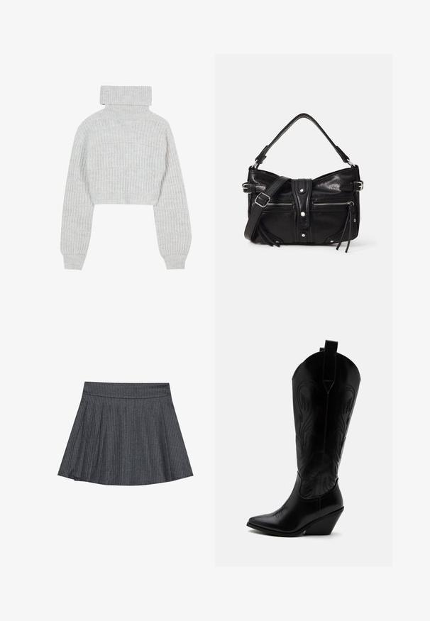 Lys grå, cropped striktrøje med høj turtleneck, brede ærmer og struktureret ribbet mønster. Blødt materiale med en lidt løs pasform.; Grå stribede skater nederdel med en tætsiddende talje, udformet i A-linje og en blød stofstruktur. Lodrette linjer øger den visuelle interesse.; Sort læder cowboystøvle med spidst tåparti, skråt blokhælhæl, dekorative sømme og trækstropper øverst mod hvid baggrund.; Even&Odd by Zalando H24462 - Håndtasker - black