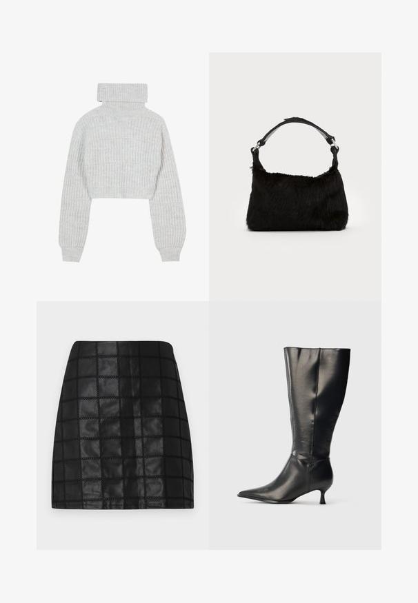 Suéter de punto gris claro, recortado, con cuello alto tipo tortuga, mangas anchas y un patrón ribeteado texturizado. Material suave con un ajuste ligeramente holgado.; Minifalda de cuero negro con un patrón de cuadrícula texturizado, presenta costuras elevadas y una silueta ajustada. El acabado liso realza el diseño.; Bota negra de cuero hasta la rodilla, con punta afilada y tacón bajo tipo kitten, mostrada sobre un fondo claro y sencillo.; Bolso de mano de piel sintética negra con una textura suave, forma redondeada y una resistente correa de cuero negro para el hombro. Acentos de herrajes plateados visibles.
